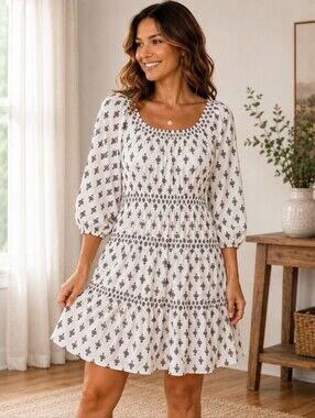Ann Taylor White Boho Dress with Red and Blue Floral Pattern